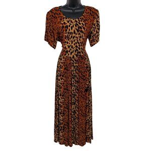Vintage Bila Leopard Print Maxi Dress Crinkle Tie Waist Festival Y2K 90s Size S